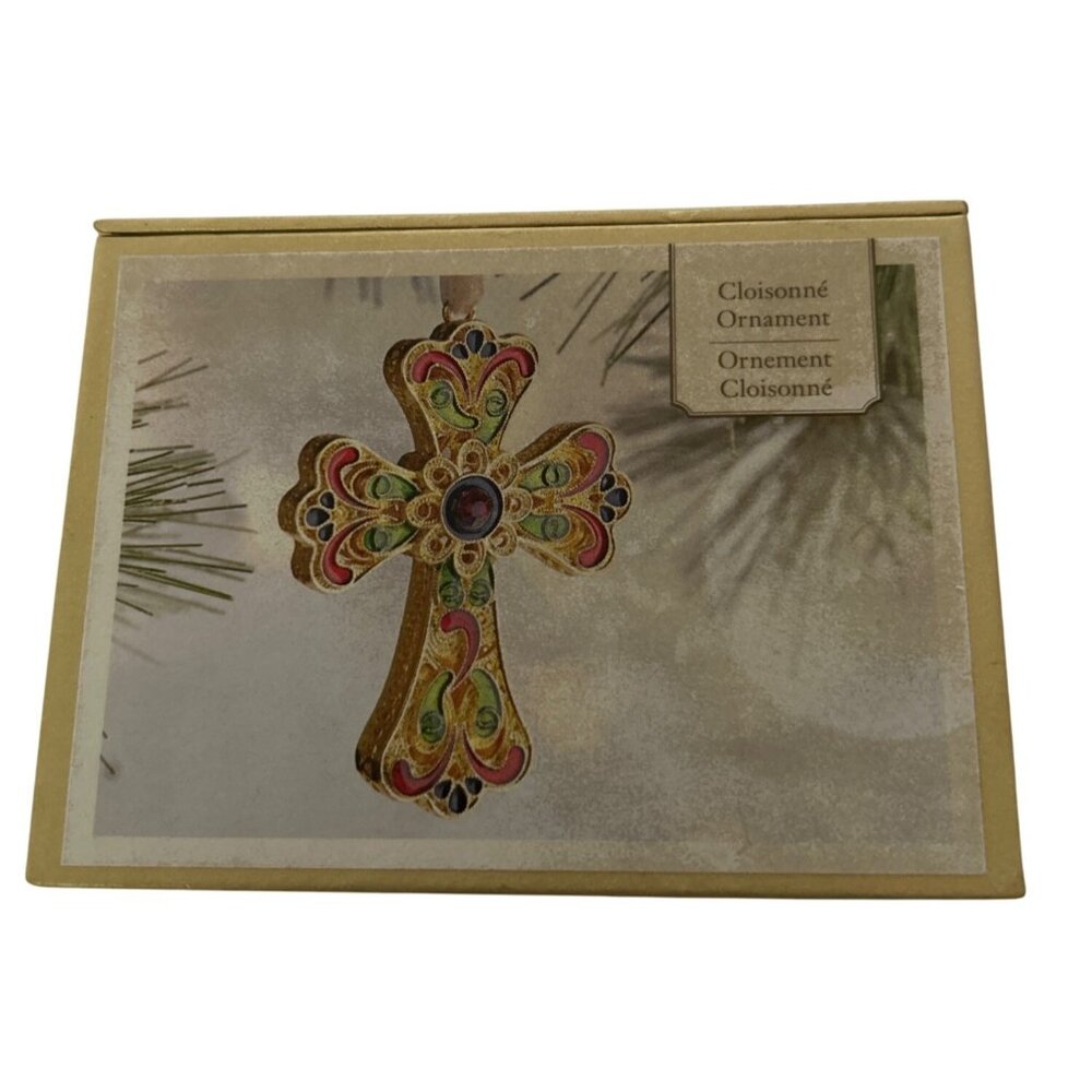 Pier 1 Imports Cloisonné Gold Tone Decorative Cross Ornament With Ribbon Hanger
